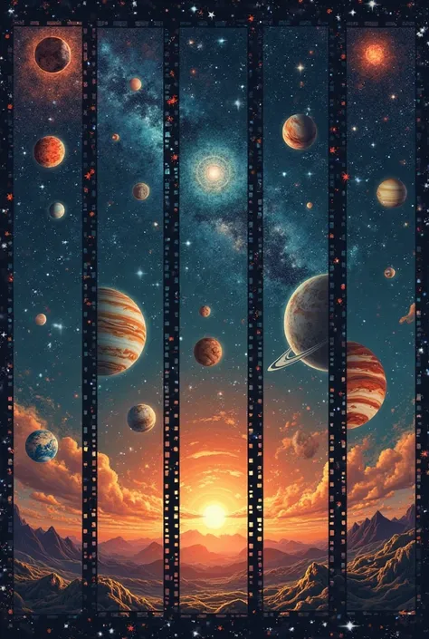 Create 5 film strip templates with 5 different styles each. The theme would be about solar system 