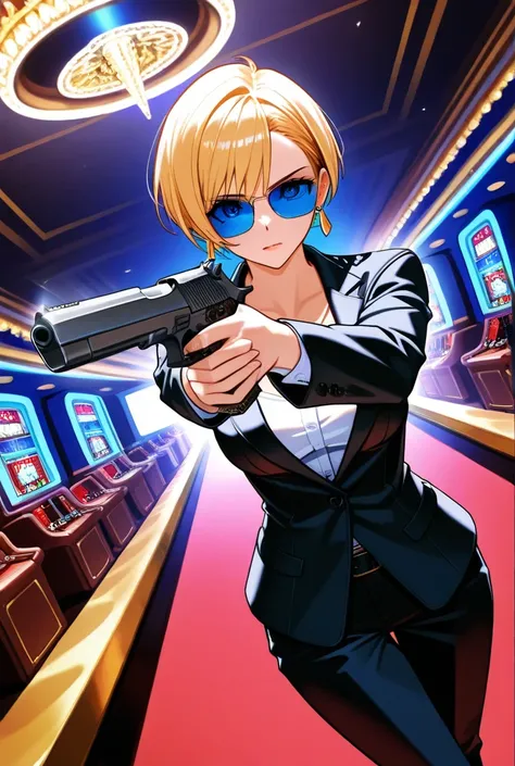 1 women, slender, beautiful woman, massive, giant handgun, desert eagle, gunman, blonde, short hair, clear blue sunglasses, bla...
