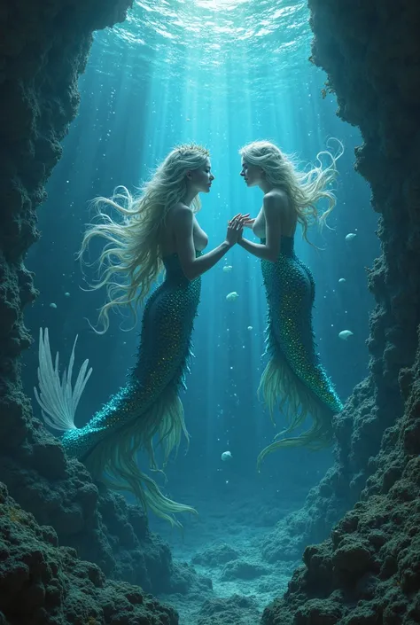 masterpiece, ultra highres, underwater fantasy scene, sleeping siren sanctuary, perfect mythical figures, translucent fins, irid...