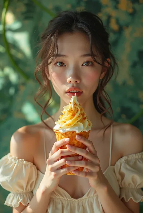 A beautiful girl is eating lawa as ice cream create a video 