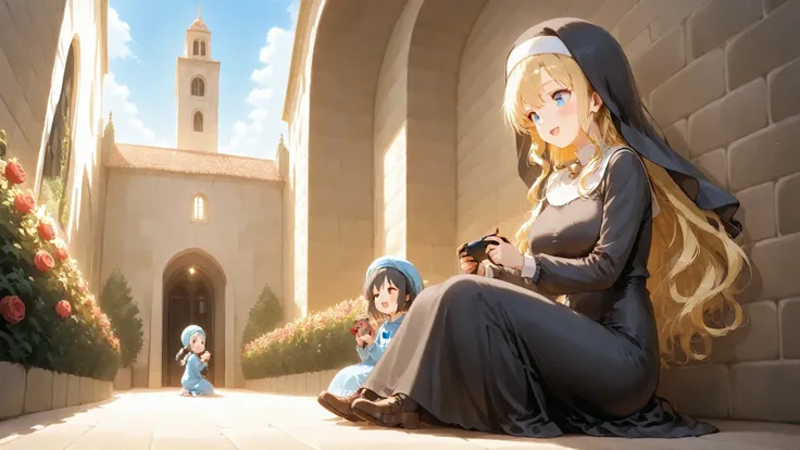 ultra highres, supreme quality, perfect details, catholic sister, floor-length glossy blonde hair, formal habit, black veil, lov...