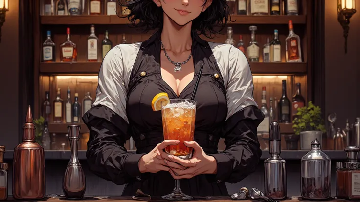 A beautiful, slender girl with black pigtails and a cheerful expression is wearing a black button-down bartender's vest and a si...