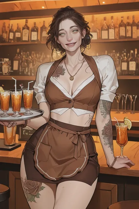 A pretty face, a 21 year old woman, Slim but curvy, with wide hips, a flat stomach, long, disheveled dark brown hair, and big, e...