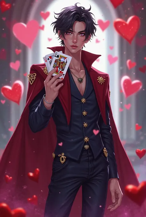 Bridget from Descendants 4 male version with a deck in her hand and with several hearts surrounding it