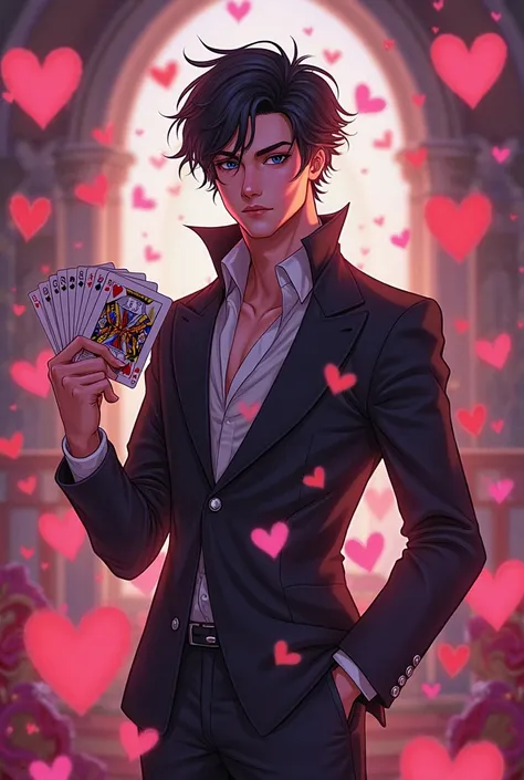 Bridget from Descendants 4 male version with a deck in her hand and with several hearts surrounding it