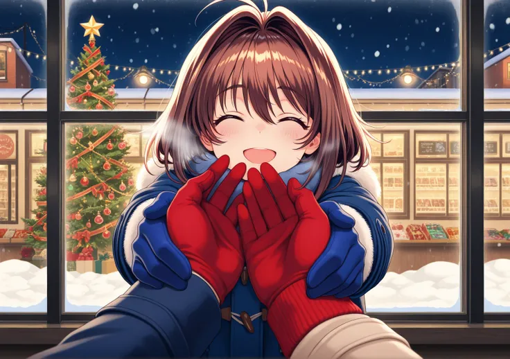 Super High Quality, Masterpiece, perfect description, A snowy shopping street, Lovers' Hands, Red Gloves and Blue Gloves, Muffle...