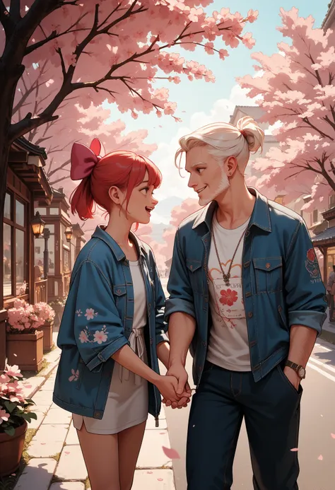 A parent and child are holding hands and taking a walk,Father,Little girl,cherry blossom trees in full bloom,Looking at each oth...
