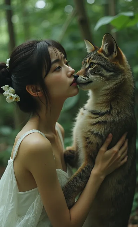 A 20-year-old Japanese woman in no clothes is having physical contact with an animal