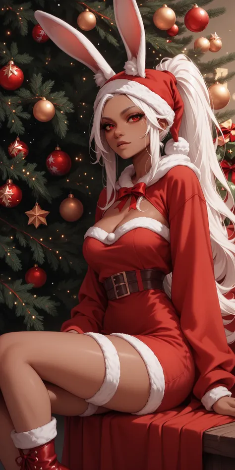 frandg,,dark-skinned female,  white hair, rabbit ears, ears through headwear, helmet, red eyes, ponytail, long hair,, Sexy Chris...