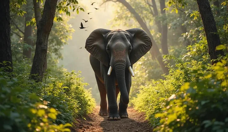 A wild elephant walking through the tropical rainforest of Khao Yai National Park, Thailand. Sunlight filters through the tall t...