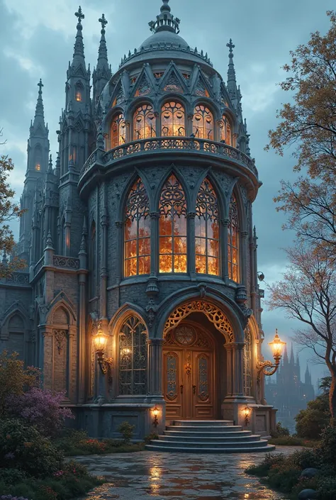 3-story dreamlike luxury bus that looks like a Gothic cathedral, arcos detalhados,  majestic presence , enchanted setting at dus...