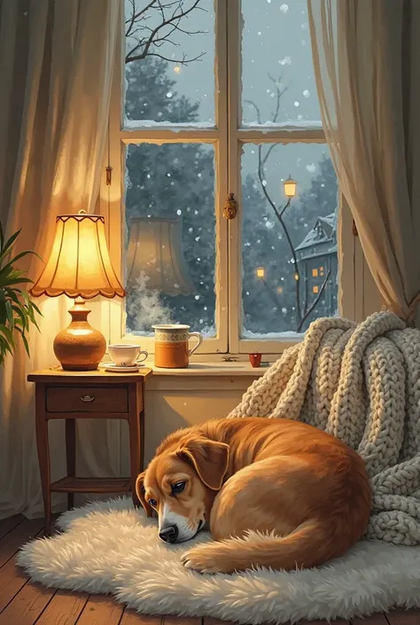 "A cozy evening scene: soft knitted blankets, a steaming cup of herbal tea on a wooden table, and a gentle golden light from a t...