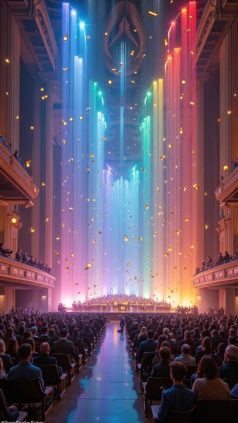 A magnificent symphony hall where musical notes manifest as visible architectural elements floating through crystalline air, mus...