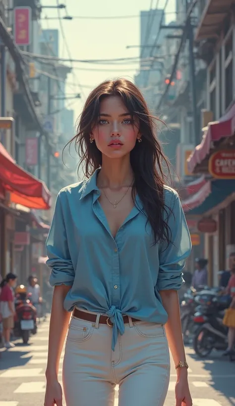 A girl with blue shirt and white pent with open hair blue eyes pink shiny lips walking alone with a street.