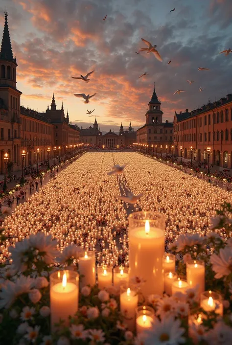 A historic square at sunset, thousands of piled up white candles shine in the dim light, creating a sea of light that extends as...