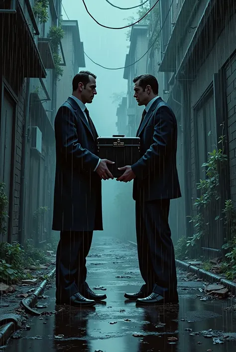 dark alley mafia car deal, men with suitcase, cinematic shadows, comic style, rain