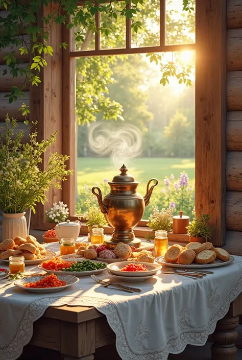 A bright, warm, sunlit summer day in a traditional Russian countryside setting. A rustic wooden table is richly set outdoors or ...