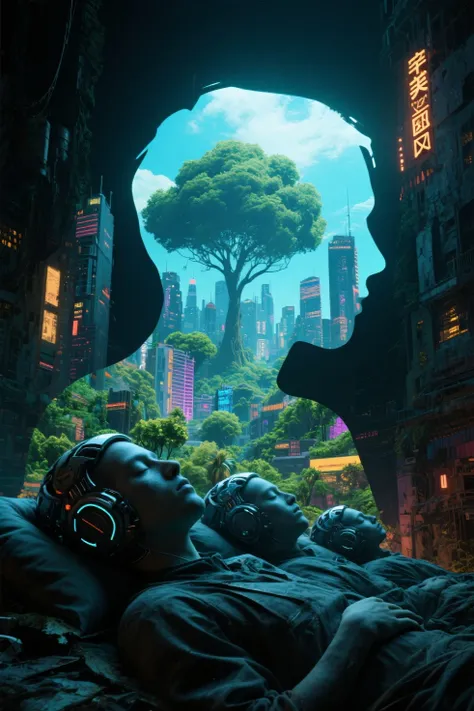 (Cyberpunk highly detailed, high-resolution photograph, double exposure, image of perfect Eden blended in the silhouette of slee...