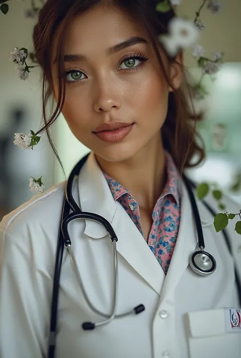 Create an illustrative character inspired by this photo, she must be wearing a white coat and a stethoscope, Don't forget the gr...