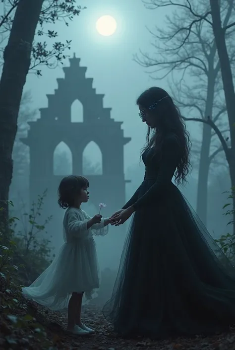 In a fog-shrouded dark forest, a sorrowful woman in a flowing black tulle gown gently holds the translucent hand of a ghostly pa...