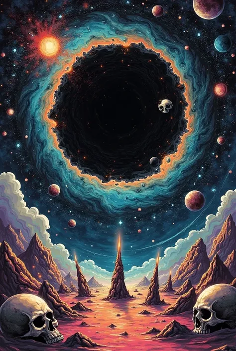 surreal style, an abstract black hole in space with floating geometric shapes and vibrant colors, dreamlike composition with dis...