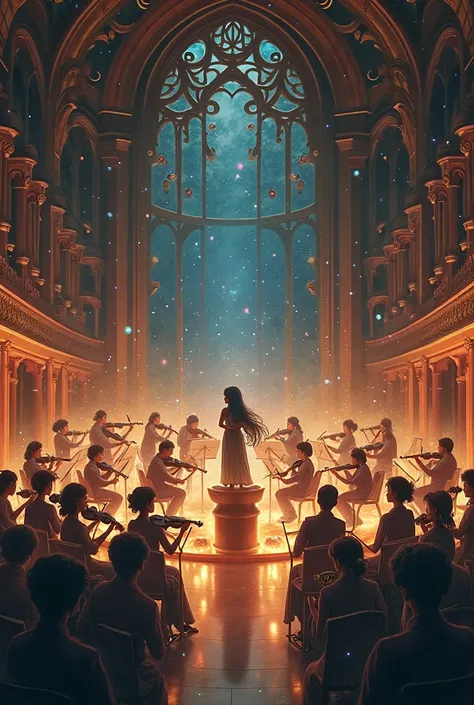 Создай в стиле ghibli камерный Orchestra (Orchestra, where 12 to 25 musicians) in a concert hall, and the audience is all sittin...