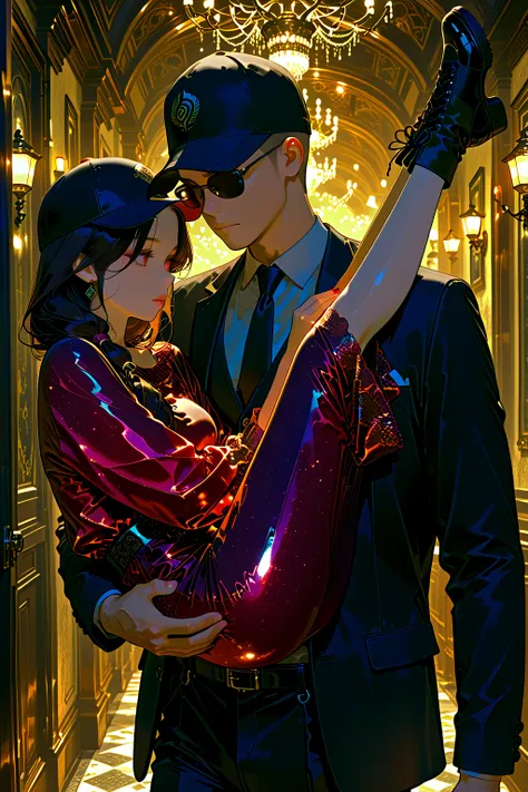 Special Delivery Man,woman in dark costume carrying parcels,小包を持って届ける,hat,sunglasses、Clean Linear Route,cinematic lighting 、Beau...
