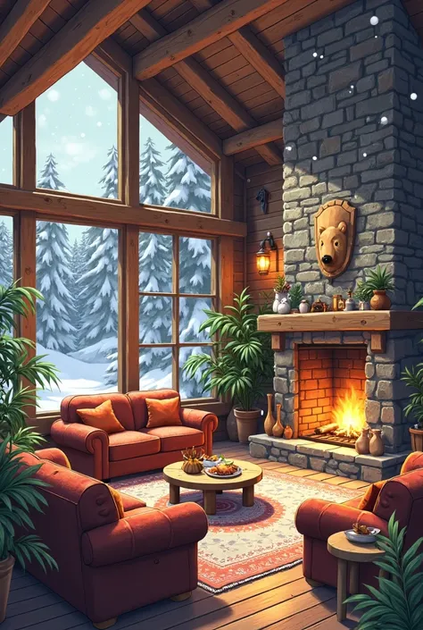 Large living room in a rustic cabin, decorated with animal furs and house plants. Multiple couches and comfortable arm chairs. R...