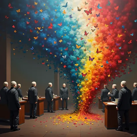 A master painter's studio where all the colors are breaking free from their tubes, swirling into a vibrant tornado of creation, ...