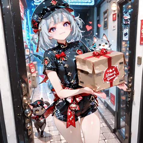 gawr, shark_Costume, 1girl, solo, 最High Quality, masterpiece,Sharkパーカー、Sharkモチーフの服、cute、Delivery Man Motif、((hand over a large...