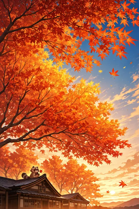Cute Raccoon Dog,holding colored maple leaves,Rich countryside,Ripened rice,muscle clouds floating in a clear sky,The sky is sky...