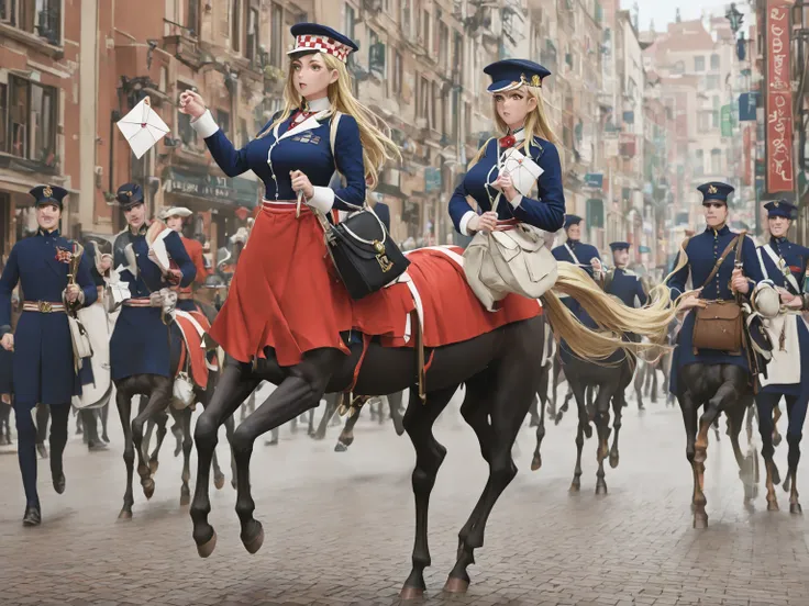 A female centaur with large breasts, blonde hair, brown eyes, a postman's hat, dressed in a combination of a postman's uniform a...
