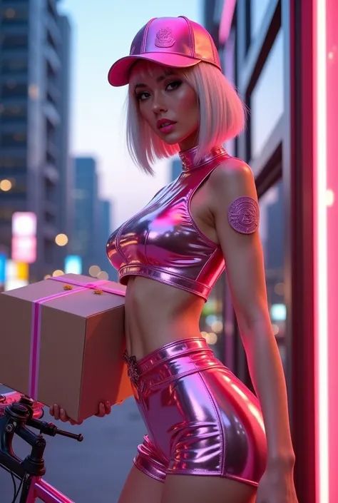 beautiful female delivery workers delivering packages、future delivery person in a high-tech city、muscular and glamorous figure、s...