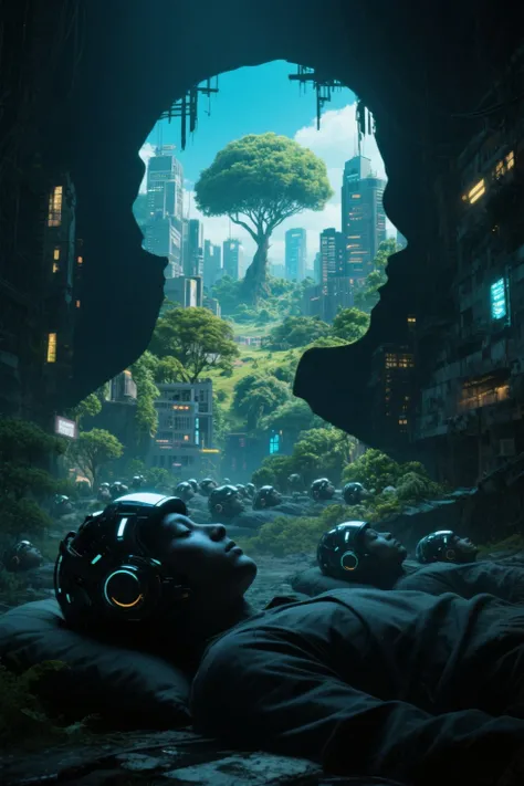 (Cyberpunk highly detailed, high-resolution photograph, double exposure, image of perfect Eden blended in the silhouette of slee...