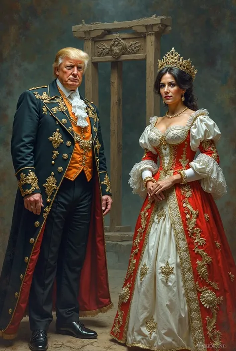 Dinald trump and krist noem as marie antionette and louis xiv satirical infront of guilotine