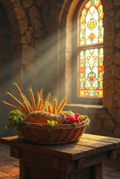 "Wicker basket with bread, grapes and golden wheat on a simple altar, morning light entering through colored stained glass (rust...