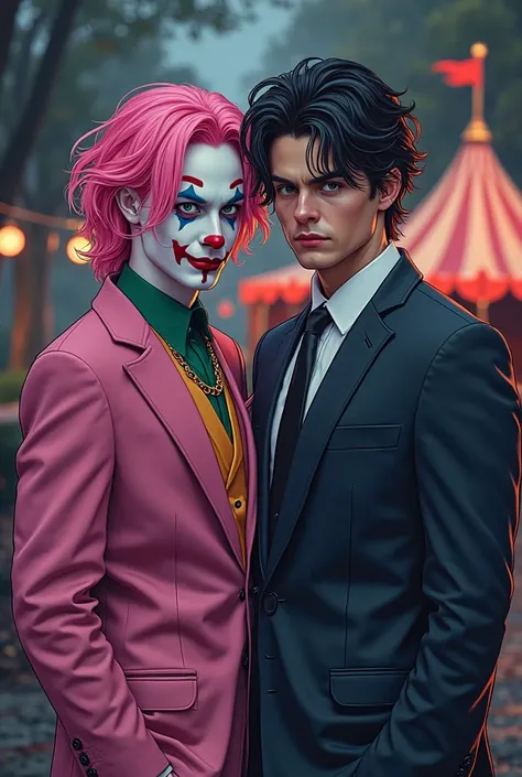 Create a drawing-style image for a Wattpad cover of a man of about 26 years old with pink hair, gothic clown makeup, , a necklac...