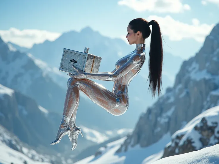 Transparent female android cradles luxurious platinum delivery package、body suspended in midair、Breathtakingly wonderous sight、a...