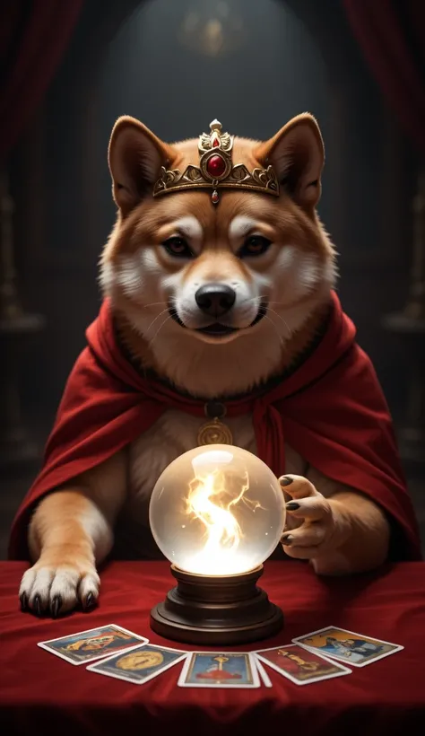 A realistic Shiba Inu performing fortune-telling. It wears a golden crown and a red cloak. In a dimly lit setting, the Shiba Inu...