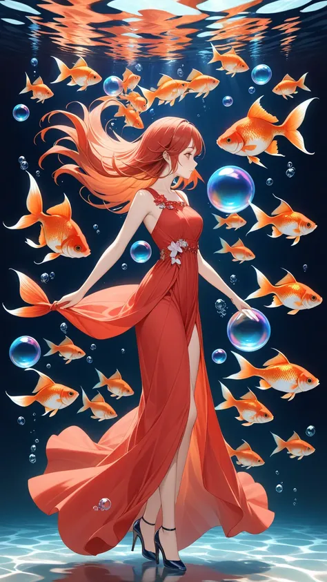 anatomically completely correct、full body view、There is a group of red fish like goldfish and Nishikigoi drifting around、young b...