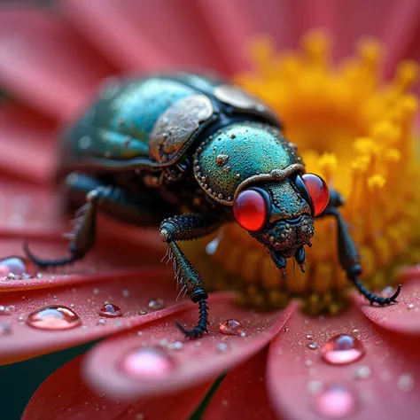 "Super detailed zoomed-in image of a biomechanical beetle-like cyborg, where insect anatomy merges with mechanical limbs and syn...
