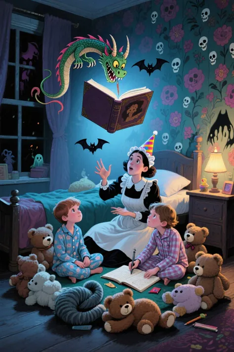 masterpiece, ultra-detailed, best quality, detailed illustration, whimsical horror nanny reading bedtime stories, book floating ...