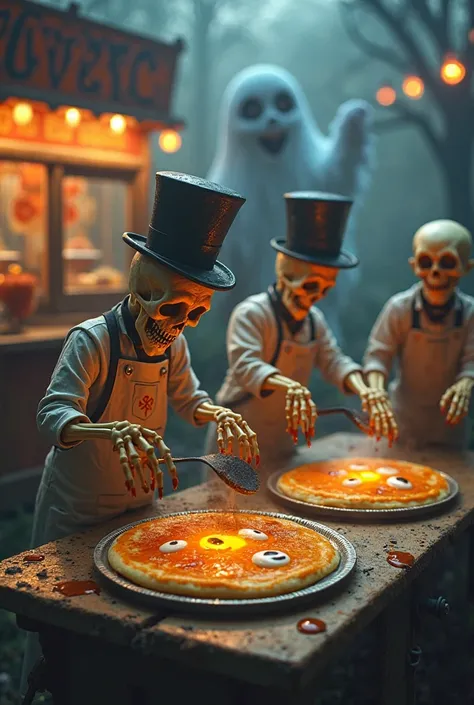 A haunted pancake flipping contest in a graveyard carnival. Skeleton chefs with syrup-squirting spatulas flip screaming pancakes...