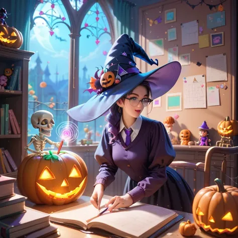 art style, masterpiece, Dark Fantasy Nursery, (((Witch Hat Teacher))), Skeleton Wall Decor, Mysterious Toys Overflowing from Toy...