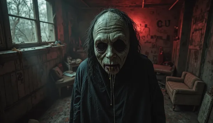 A figure in the attic staring directly into the camera, face shifting rapidly between different dead loved ones, eyes hollow and...
