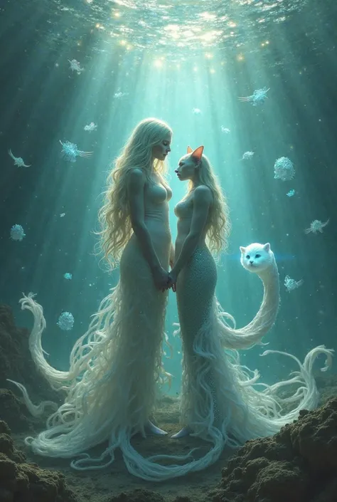 "Final scene: mermaid and sea cat standing in light, surrounded by spirits of the past, cinematic closure, underwater magic aura...