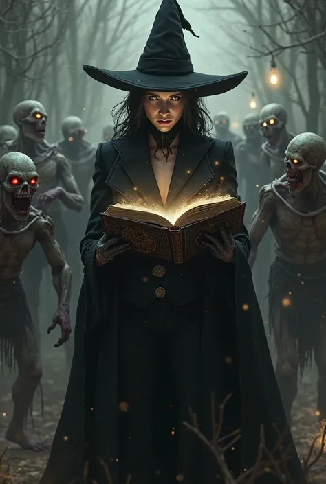 Witch dressed in a black suit with a pointed hat, reading a book of enchantments, resurrected the zombies and all the dark cre...