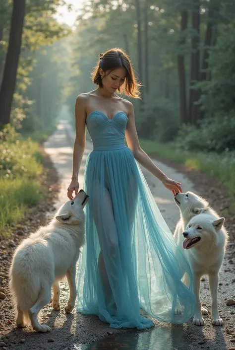 Japanese Women、slim body、small breasts、a woman in a transparent blue dress dancing、dancing in a deep slit in the dress、The backg...