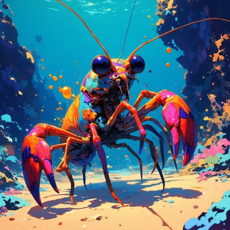 masterpiece, best quality, newest, underwater, colorful coral reef, close up, mantis shrimp, colorful mantis shrimp, sand, bubbl...