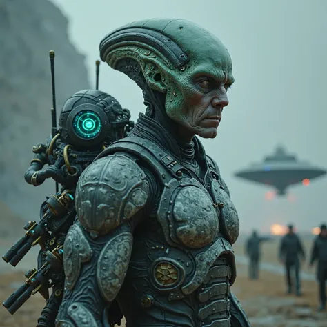 8K high-realism shot of a human commander enhanced with alien robotics, human side of the face stern and weathered, cybernetic s...